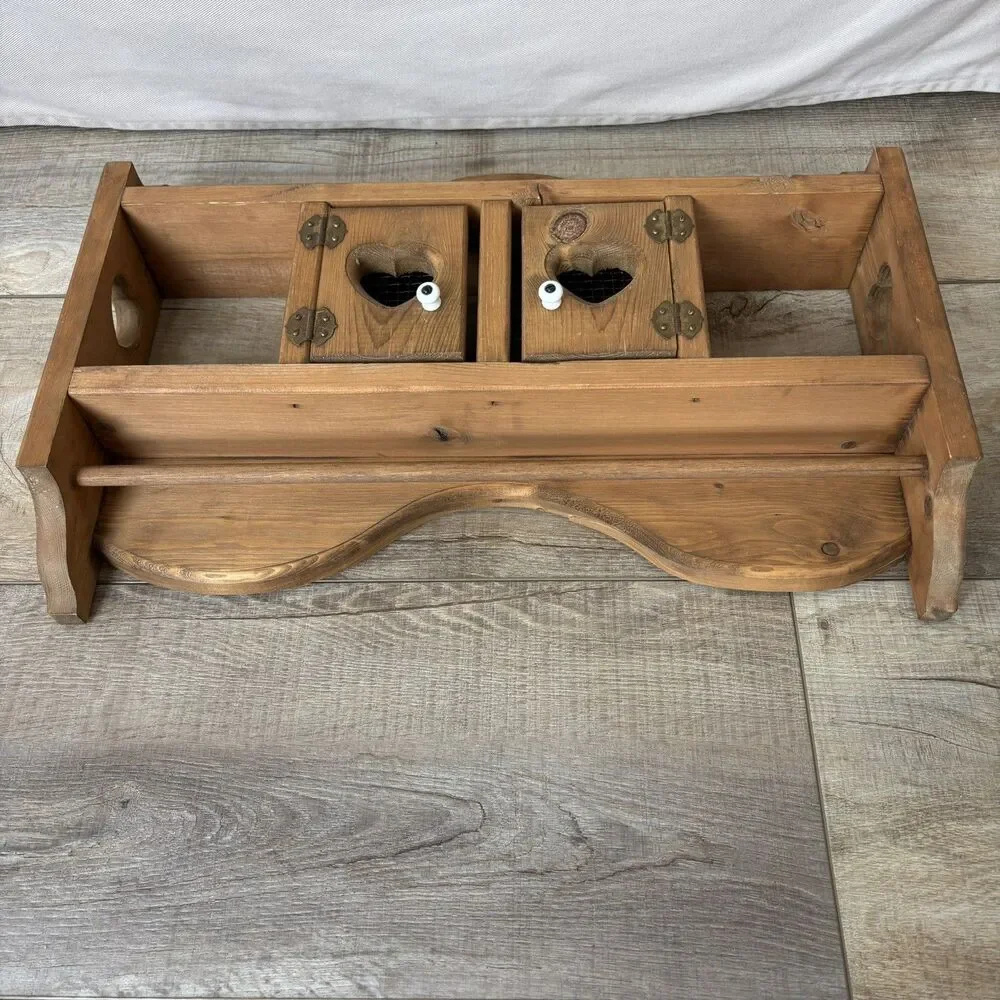 Vtg Wood Heart Door Wall Knick Knack Curio Trinket Shelf Knobs Cottage Farmhouse